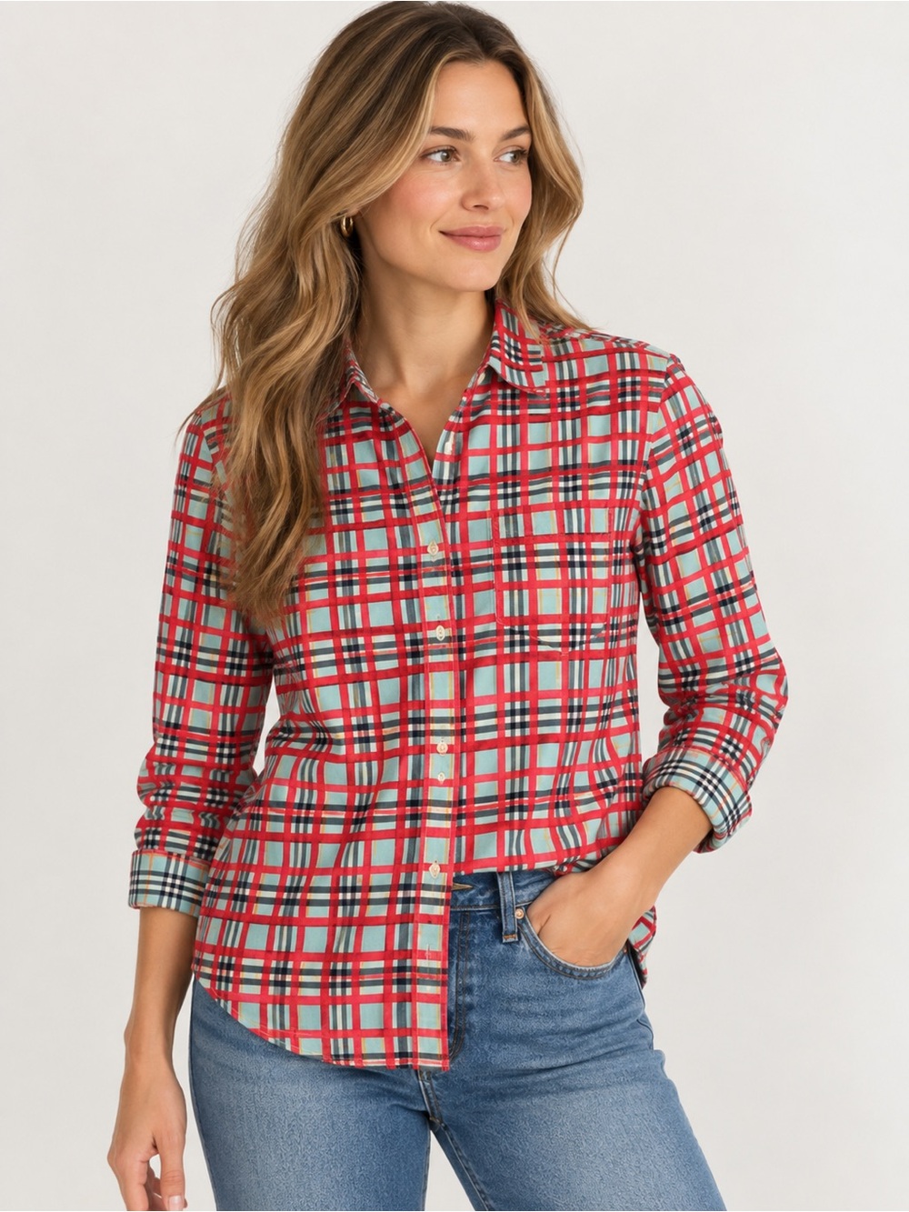 Burberry London Red Blue Check Plaid Cotton Button Down Shirt Size US 8